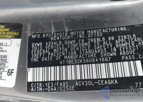 2006 Toyota Camry Xle из США, поврежденный, VIN 4T1BE32K56U641667